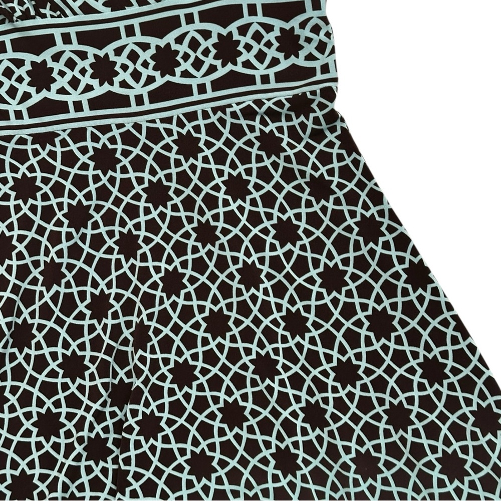Maggy London Dark Brown & Aqua Print V-neck Midi Dress - Picture 3 of 5